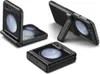 Three views of a black flip phone case, one open, one open with a kickstand, and one closed. Produktbild-Vorschau