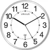 A close-up view of a UNiLUX wall clock with a silver frame. Produktbild-Vorschau
