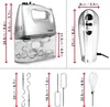 Collage showing a silver electric hand mixer with accessories and dimensions. Produktbild-Vorschau
