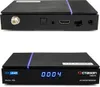 Two views of a black satellite receiver with a blue stripe and digital display. Produktbild-Vorschau