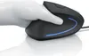 A white mannequin hand is holding a black vertical ergonomic mouse with blue LED accents. Produktbild-Vorschau