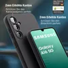 A black phone case is shown on a dark blue background, highlighting its protective features for the camera and screen. Produktbild-Vorschau