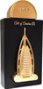 A black perfume bottle with gold accents and a gold architectural design on the front. Voir les images du produit