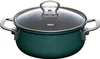 A teal colored pot with a glass lid and silver handles, set against a white background. Produktbild-Vorschau
