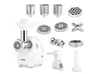 A white meat grinder with various attachments laid out around it on a white background. Podgląd zdjęcia produktu