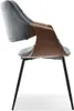 A side view of a modern dining chair with a gray upholstered seat and back, a curved walnut wood shell, and black metal legs. Náhled obrázku produktu