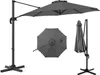 A studio shot of a cantilever umbrella, shown in three different views: open and extended, top-down view of the canopy, and folded. Náhled obrázku produktu