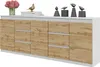 A white and wood grain sideboard with decorative bird figurines and a vase of flowers on top. Produktbild-Vorschau