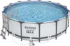 A round above-ground swimming pool filled with water, with a ladder and a pump filter attached. Produktbild-Vorschau