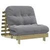A gray futon sofa with a wooden frame, shown from the front. Voir les images du produit