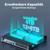 A close-up view of a surveillance system's NVR unit with holographic projections of hard drives indicating storage capacity. Produktbild-Vorschau