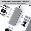 A silver USB-C hub is shown with various ports and connected accessories like SD cards, USB drives, and cables, surrounded by text and icons indicating its functions. Produktbild-Vorschau