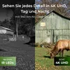 Split image showing a farm scene at night (left) and during the day (right) with an elk grazing in front of a barn. Text overlays highlight product features. Produktbild-Vorschau