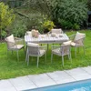 A garden furniture set with a table and chairs placed on a lawn next to a swimming pool. Produktbild-Vorschau