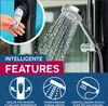 A hand adjusting a shower control, with a shower head spraying water, and icons illustrating features. Produktbild-Vorschau