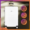 A white suitcase is shown with three circular icons on the right side, illustrating product features. Produktbild-Vorschau