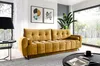 A modern living room with a mustard yellow sofa, large windows, and artwork. Produktbild-Vorschau