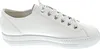 A side view of a white leather sneaker against a white background. Voir les images du produit