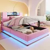 A pink upholstered bed with storage is shown in a bedroom setting, with the bed frame lifted to reveal storage space. Produktbild-Vorschau