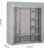 A grey fabric wardrobe with shelves and a hanging rail, shown with dimensions indicated. Náhľad obrázku produktu