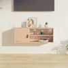 A wooden wall-mounted cabinet with decorative items on top and inside, placed on a wall above a wooden floor. Produktbild-Vorschau