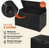 A black storage box with its lid open, showing the interior and a close-up of a latch mechanism. Text and icons highlight product features. Anteprima dell’immagine prodotto