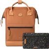 A brown backpack and a black pouch with a speckled pattern are shown against a white background. Voir les images du produit