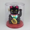 A black Maneki-Neko lucky cat figurine is displayed inside a clear plastic container, sitting on a red base. Produktbild-Vorschau
