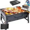 A portable charcoal grill with food cooking on it, and a person in the background using a smaller grill.