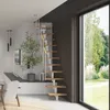 A modern living room with a space-saving staircase, large window, and furniture. Produktbild-Vorschau