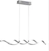 A modern LED pendant light with a wavy, twisted design, suspended by thin wires from a rectangular ceiling mount. Produktbild-Vorschau