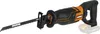 A black and orange reciprocating saw with a blade attached, shown against a white background. A battery pack is partially visible at the bottom right. Voir les images du produit
