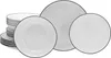 A set of white plates and bowls with black trim, stacked and arranged. Náhľad obrázku produktu