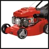 A close-up view of a red Einhell lawnmower. Produktbild-Vorschau
