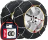 A pair of snow chains on tires, with a carrying bag in the foreground. Produktbild-Vorschau