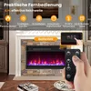 A fireplace with a remote control and a control panel overlay. Produktbild-Vorschau