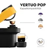 A Nespresso Vertuo Pop coffee machine with a capsule being inserted, a cup of coffee, and diagrams of different capsule sizes. Produktbild-Vorschau