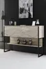A modern console table with a travertine-like finish and black metal legs, displayed in a minimalist room setting with a piece of abstract art above it. Podgląd zdjęcia produktu