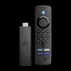 A black Amazon Fire TV Stick and its remote control are displayed against a black background. Produktbild-Vorschau