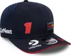 A close-up studio shot of a navy blue baseball cap with various logos and text. Produktbild-Vorschau