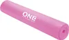 A pink yoga mat rolled up and lying diagonally on a white background.
