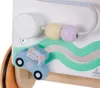A close-up view of a wooden baby walker with colorful beads and a blue toy car. Produktbild-Vorschau