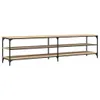 A long, three-tiered shelf unit with a wood-like finish and black metal frame, presented against a white background. Produktbild-Vorschau