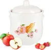 A white ceramic jar with a fruit illustration and fresh fruit around it. Podgląd zdjęcia produktu