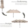 An illustration showing the features and operation of a large outdoor umbrella. Náhled obrázku produktu