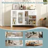 A collage of images showcasing a white sideboard with gold legs, and four smaller images depicting different room settings: a dining room, a balcony, a living room, and a bedroom. Produktbild-Vorschau