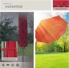 A collage showing a red umbrella cover in the rain, a close-up of a strap, and an open orange umbrella in a sunny park. Produktbild-Vorschau