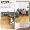 An L-shaped computer desk in a corner of a room, shown from a top-down view and a perspective view. Produktbild-Vorschau