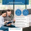 A couple is looking at a book while sitting on a mattress. There are marketing badges and text overlays. Produktbild-Vorschau