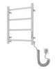 A silver electric towel warmer is shown against a white background, connected to a wall outlet by a coiled cord. Produktbild-Vorschau